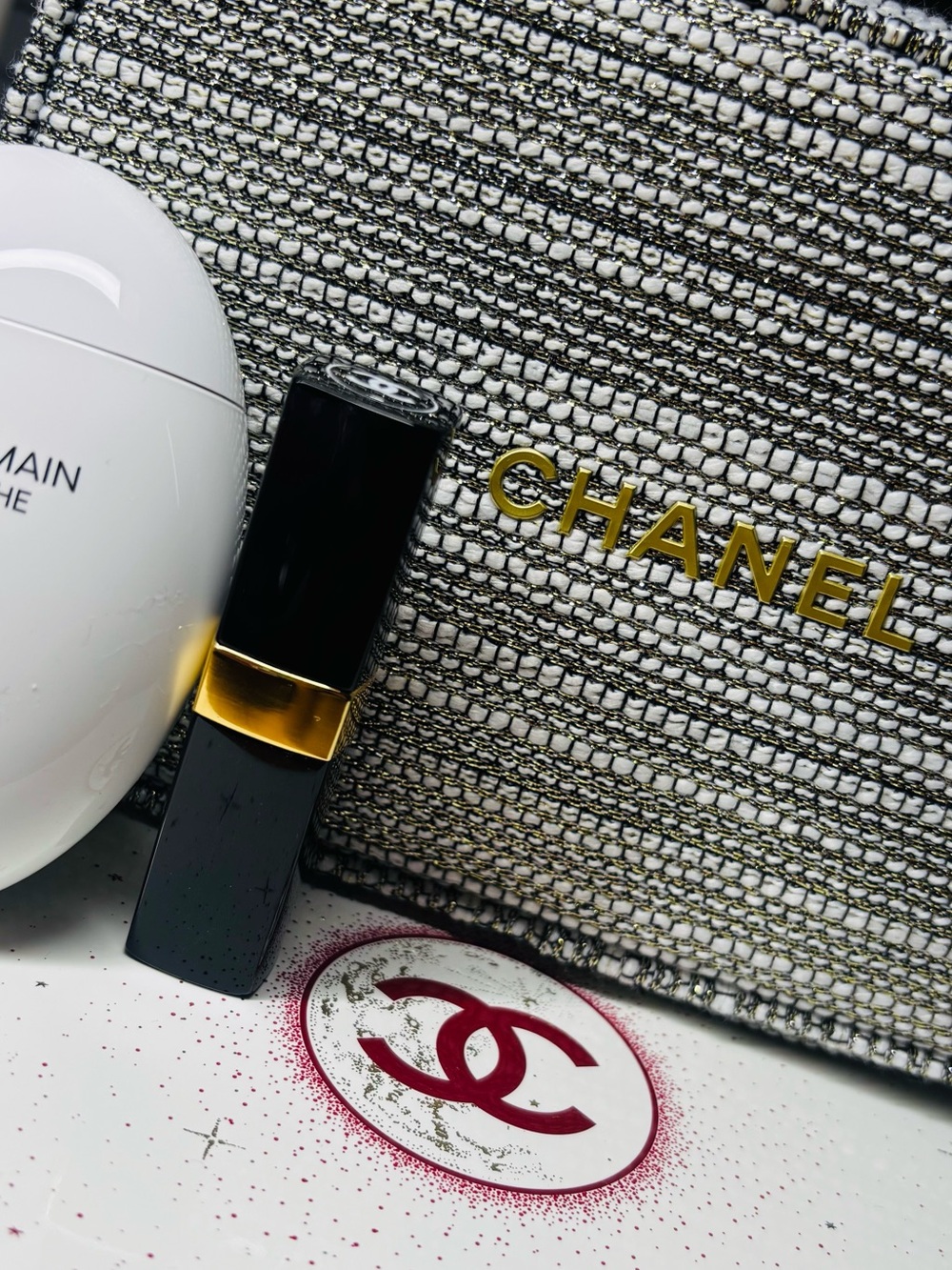 CHANEL Gold Logo Tweed Cosmetic Pouch with Black & Gold Lipstick